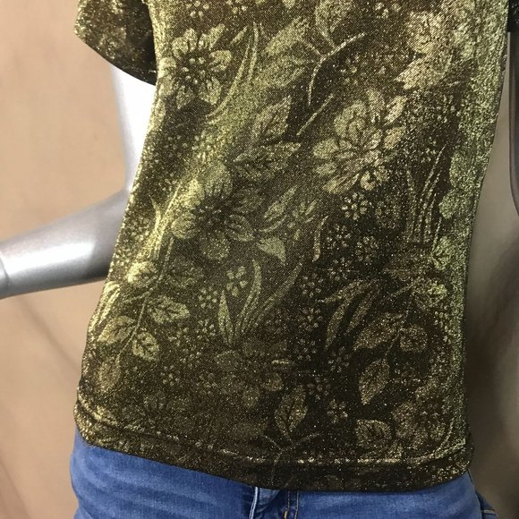 Vintage Small Crew Neck Floral Blouse Metallic Gold Shimmer Stretch Top - Picture 8 of 12